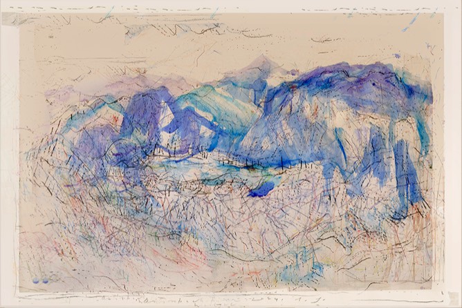 Paradise lost | Blick vom Dürrnbachhorn zum Weitsee | digitale Collage aus Aquarellfarbe und Kohle auf Papier | ca. 43 x 62 cm | 2024