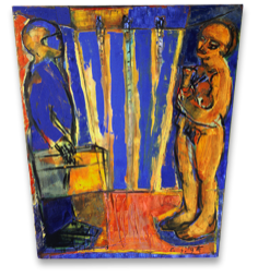 * Mann, Koffer, Frau mit Kelch vor Staumauer | Öl auf LW | ca. 145 x 110 cm | 1995