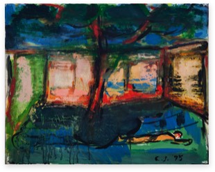 Liegender unter Baum vor Mauer | Pigment auf Papier | 60 x 80 cm | 1995