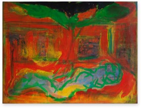 Liegender unter Baum vor Mauer | Pigment auf LW | 60 x 80 cm | 1996